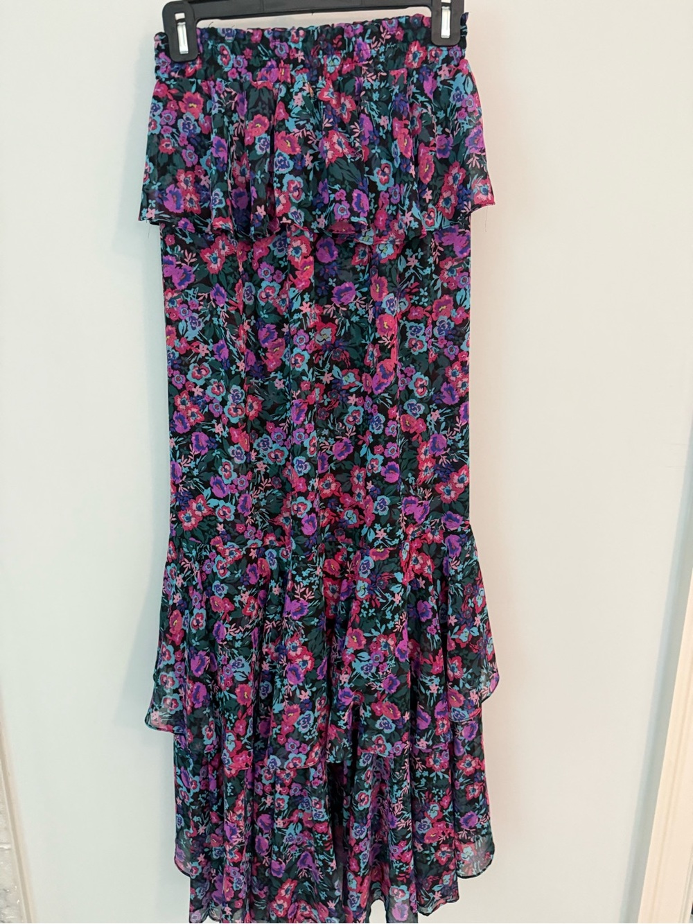 Misa Los Angeles Black Floral Tiered Maxi Skirt with Pink & Purple Flowers